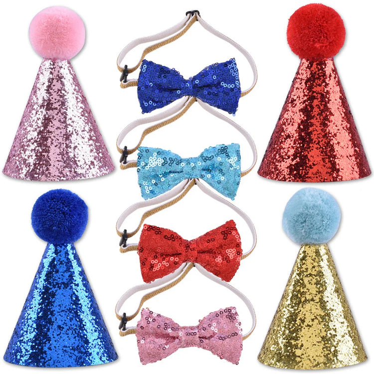Cat Dog Bow Tie/Hat Decoration | 2Pcs Set | Baby Birthday Party Prop - Glitter Pom Pom Headwear + Bowknot Collar | Pet Supplies
