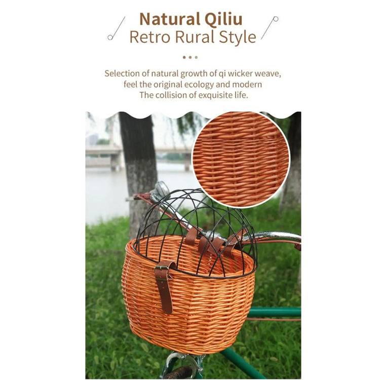 Wicker Pet Carrier | Front Bike Basket with Wire Mesh Cover - Small Dogs/Cats