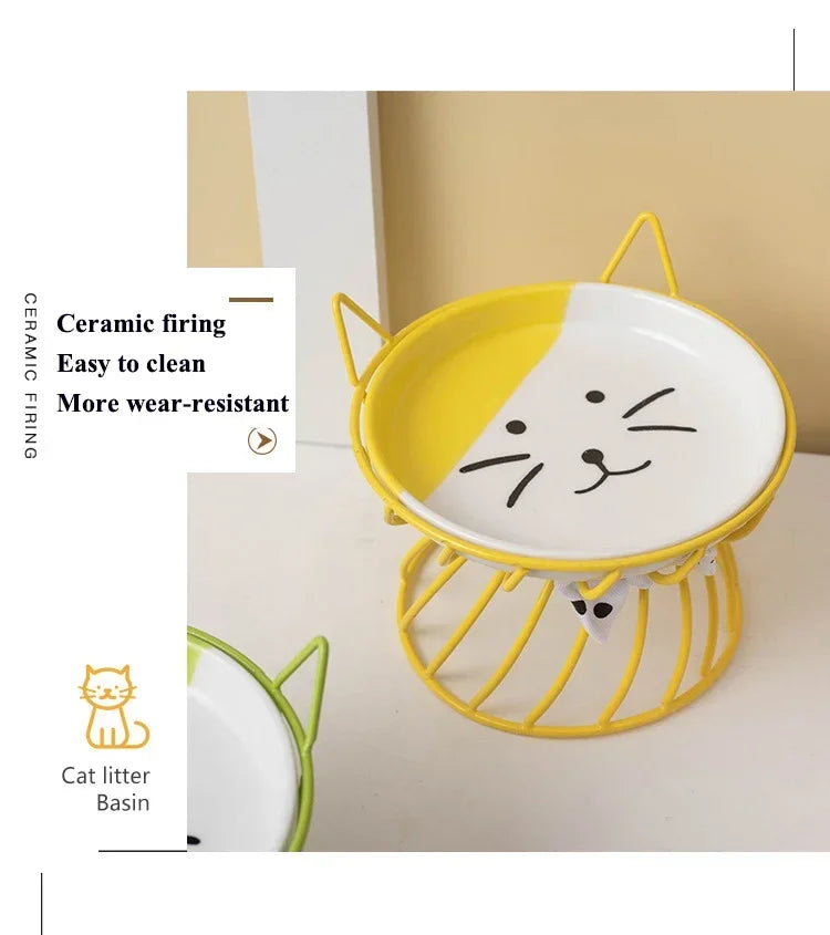 Ceramic Cat Food Bowl | High Foot Raised Pet Bowl | Cat Dog Feeding Dish | Cervical Spine Care | Outdoor Ceramic Bowl with Iron Stand | Anti-Tip Pet Feeder