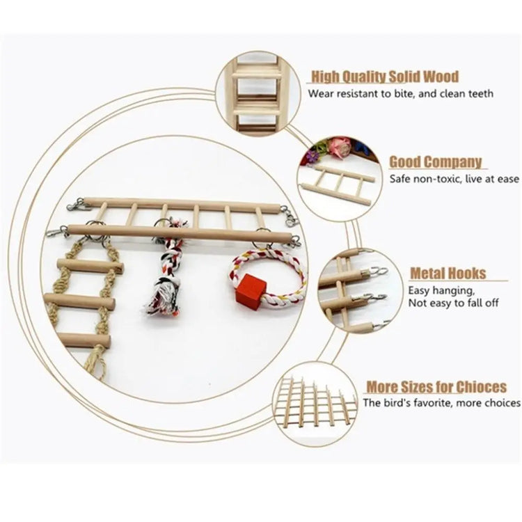 Wooden Bird Climbing Ladder Toy | DIY Parrot Cage Accessory with Hooks | Natural Wood Play Ladder for Birds & Hamsters