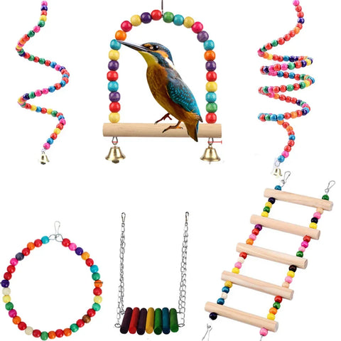 Bird Cage Toys for Parrots | Wooden Colorful Swing Ladder Birds / Reliable Chewable Bite Bridge - Wooden Beads Shape Parrot Toy