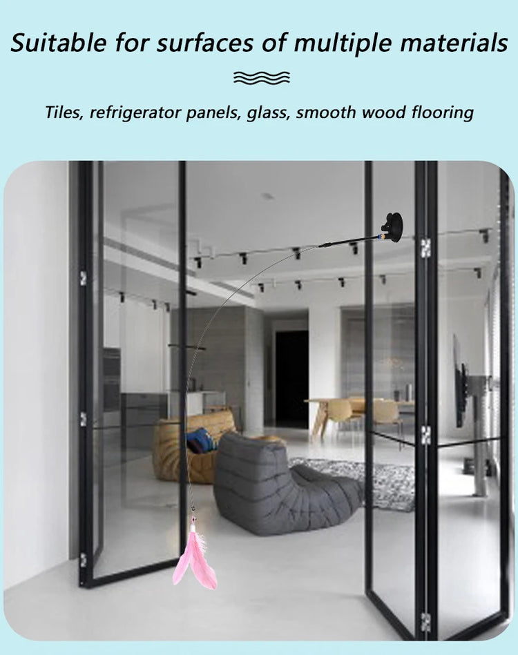 Cat Teaser Toy | Interactive Bell & Feather Wand | Suction Cup Pole | Long Flexible Cat Wand | Exciting Cat Play Toy | Cat Feather Toy | Pet Supplies