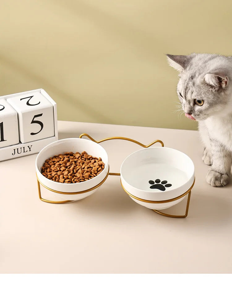 Ceramic Cat Bowl | Food & Water Bowl for Cats/Dogs | Double Ceramic Bowl Set | Cervical Protection | Pet Feeding Supplies