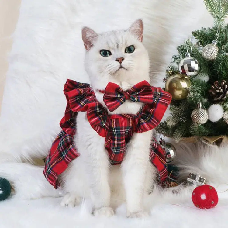 Christmas Pet Dress for Cats & Small Dogs | Red Bow Skirt | Holiday Costume
