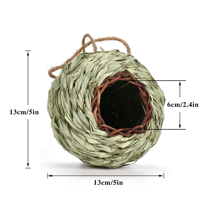Hand-Woven Hanging Bird Nest | Natural Grass Cage House for Parrots, Finches & Sparrows | Outdoor Straw Bird Hut