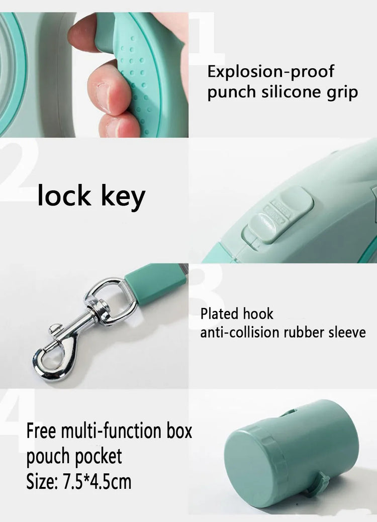 Retractable Dog Leash with LED Light and Waste Bag – 5M Durable Nylon Rope