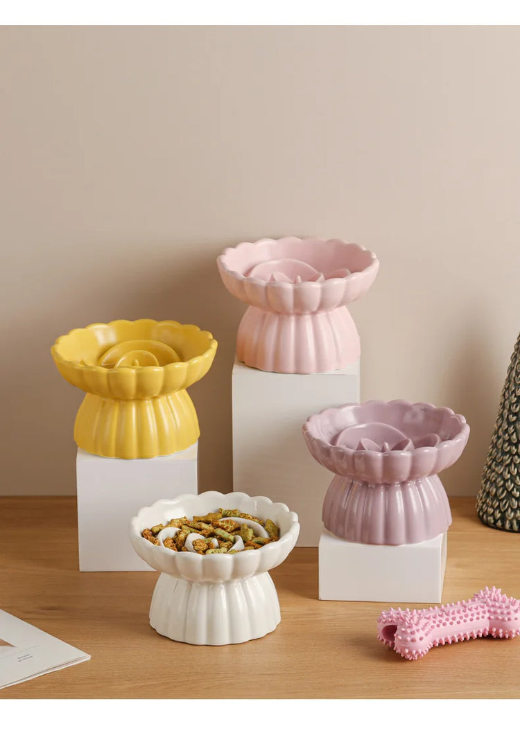 Cat Food Bowl | Ceramic Elevated | Cats/Small Dogs | Slow Feed Bowls | Anti-Choking Eating Feeders | Anti-Gulping Puppy Supplies