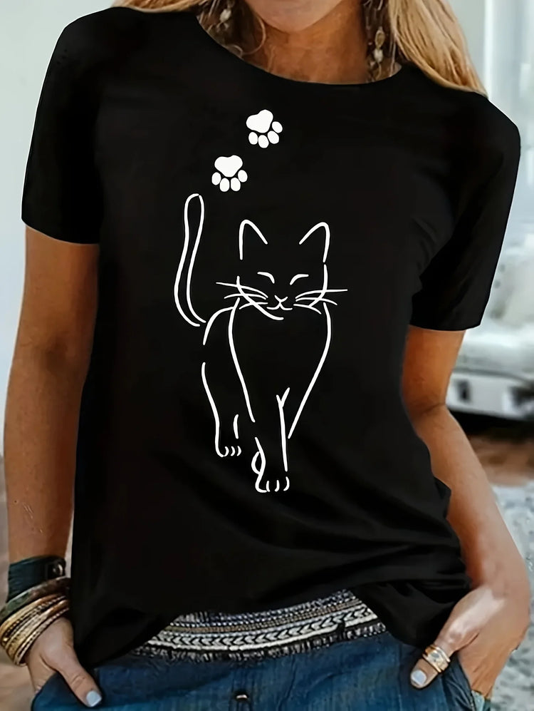 Cat Print T-shirt | Short Sleeve | Crew Neck | Casual Top- Summer & Spring | Women's Clothing