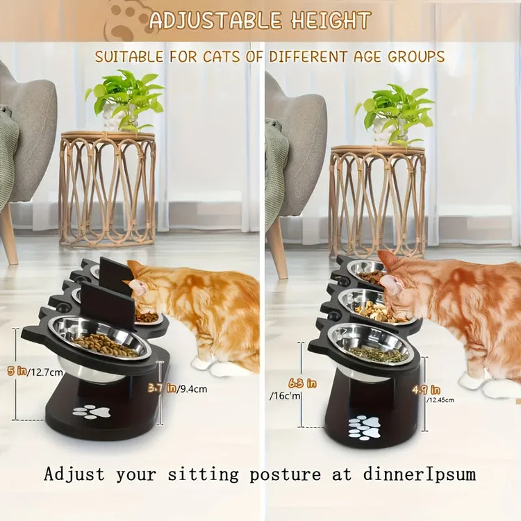 3-Tier Elevated Cat Feeder | Adjustable 15° Angle | Wood & Stainless Steel | Raised Pet Bowl Stand | Multi-Cat Feeding Station | Detachable Bowls | Easy Assembly