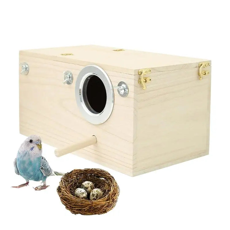 Wood Bird Nest Box | Breeding House with Perch for Parakeets & Small Birds | Decorative Cage Accessory for Indoor & Outdoor Use