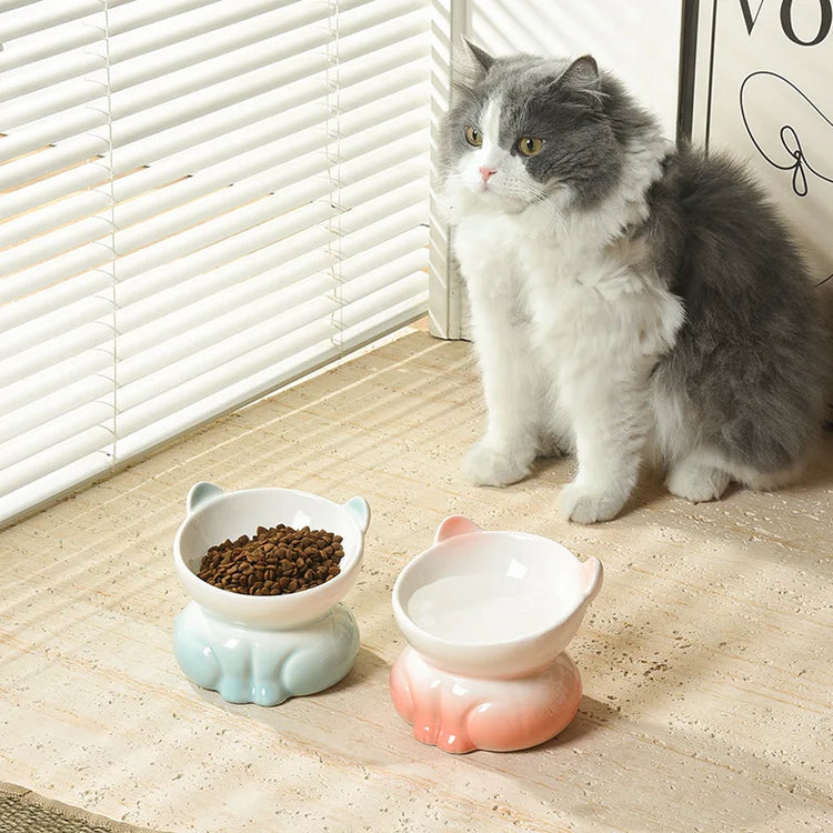 Cat Bowl Ceramic | High Foot | Diagonal Mouth | Neck Protection | Large Diameter Cat Food Bowl | Drinking Bowl | Anti-Overturning Design | Cat Food Bowl