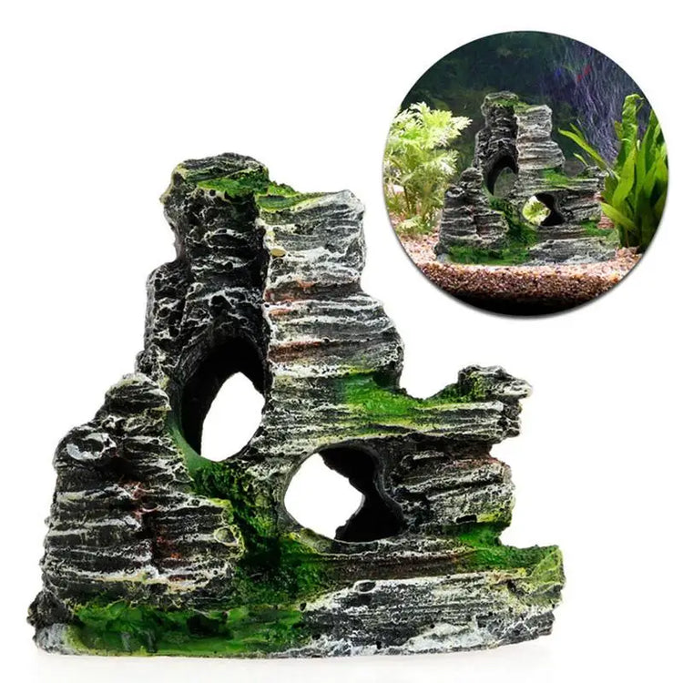 Aquarium Sandstone Decoration – Mountain View Resin Rocks with Caves, Fish & Shrimp Shelter, 11cm