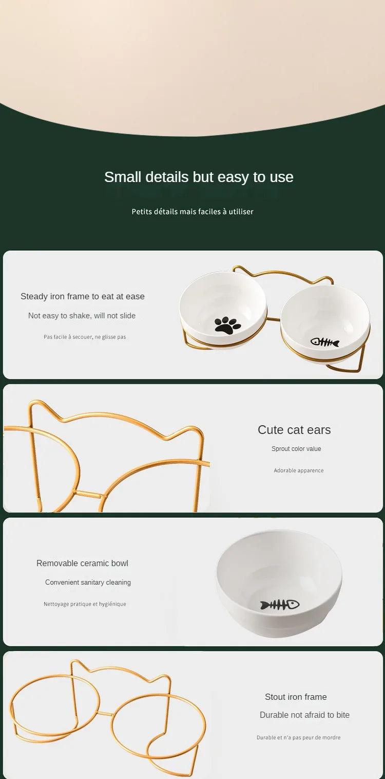 Ceramic Cat Bowl | Food & Water Bowl for Cats/Dogs | Double Ceramic Bowl Set | Cervical Protection | Pet Feeding Supplies