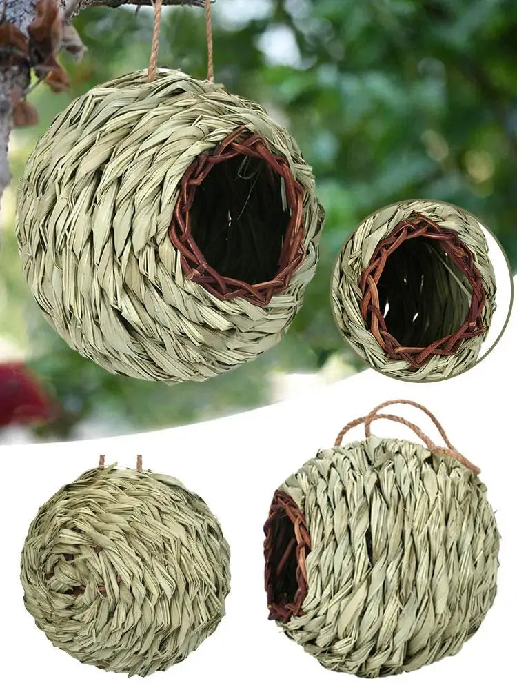 Hand-Woven Hanging Bird Nest | Natural Grass Cage House for Parrots, Finches & Sparrows | Outdoor Straw Bird Hut