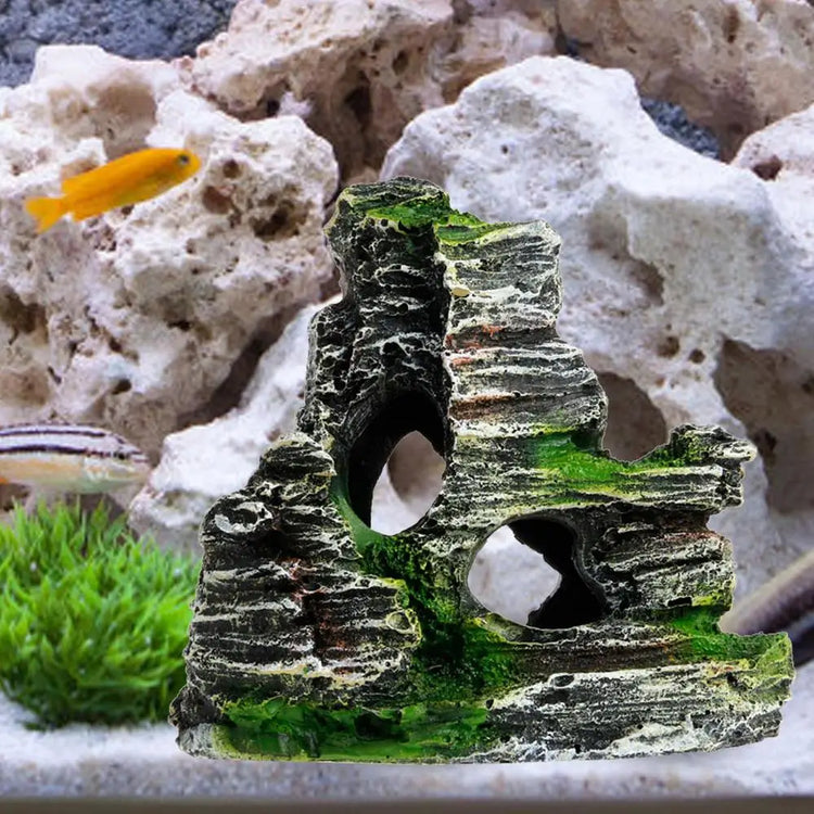 Aquarium Sandstone Decoration – Mountain View Resin Rocks with Caves, Fish & Shrimp Shelter, 11cm