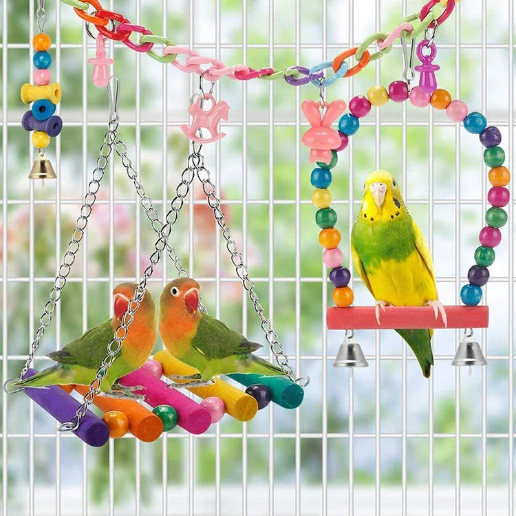Bird Cage Toys for Parrots | Wood Birds Swing - Chewable Bite Bridge | Wooden Beads Shape Parrot Toy | 11pcs Parrot Toys Set
