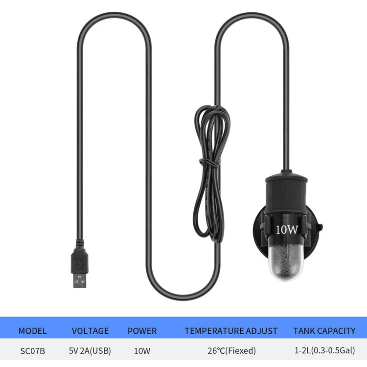 USB Mini Aquarium Heater – Adjustable 18–34°C, 10W Submersible Heating Rod for Small Tanks (2L)