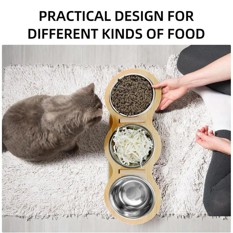 Elevated Cat Dog Bowls | 15° Tilted Raised Pet Bowls | Double Wooden Stand | Stainless Steel Food & Water Bowls | For Cats & Small Dogs | Pet Supplies