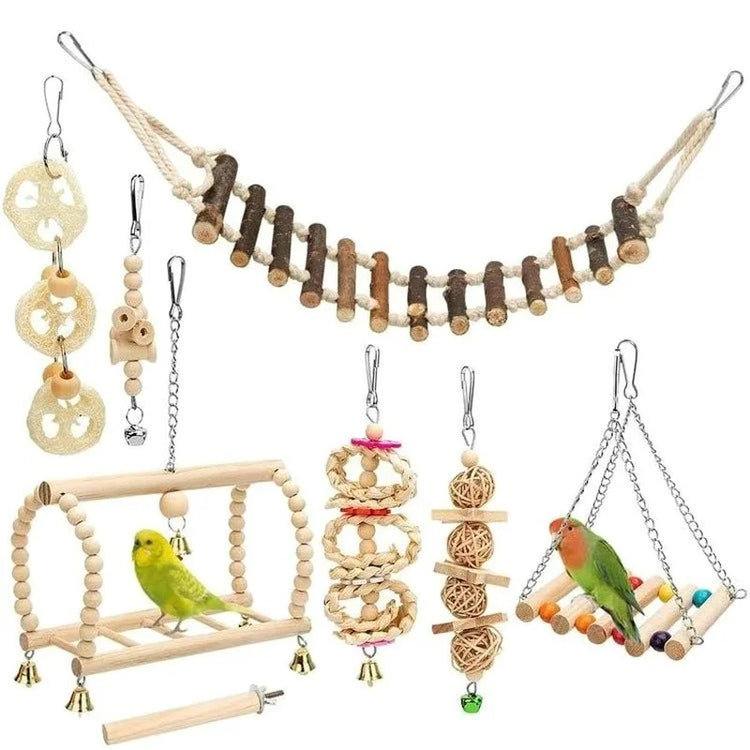 8PCS Bird Toys Set | Parrot Training Toys - Wood Bite Articles | Swing/Ball/Bell/Perch Combination Toy - Pet Birds