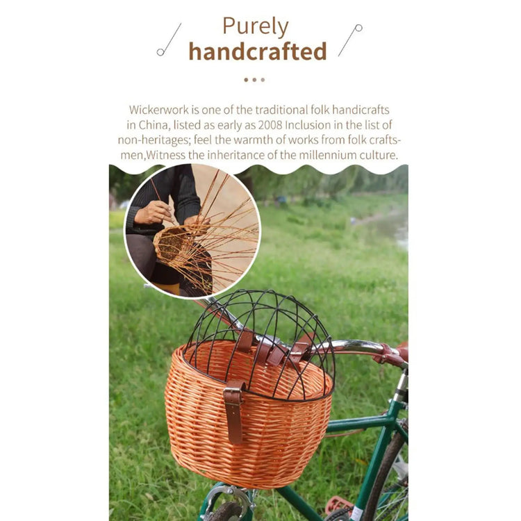 Wicker Pet Carrier | Front Bike Basket with Wire Mesh Cover - Small Dogs/Cats