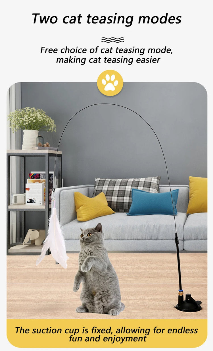 Cat Teaser Toy | Interactive Bell & Feather Wand | Suction Cup Pole | Long Flexible Cat Wand | Exciting Cat Play Toy | Cat Feather Toy | Pet Supplies