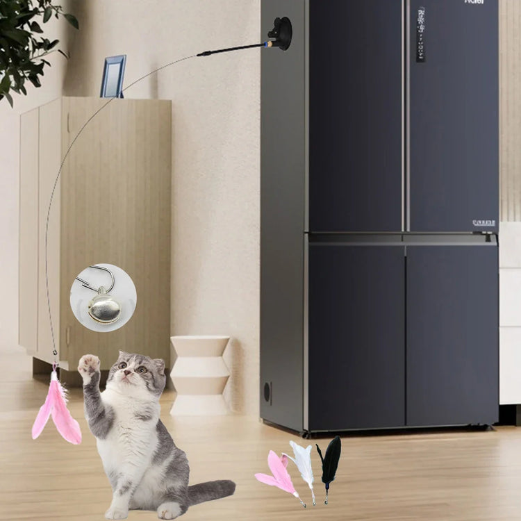 Cat Teaser Toy | Interactive Bell & Feather Wand | Suction Cup Pole | Long Flexible Cat Wand | Exciting Cat Play Toy | Cat Feather Toy | Pet Supplies