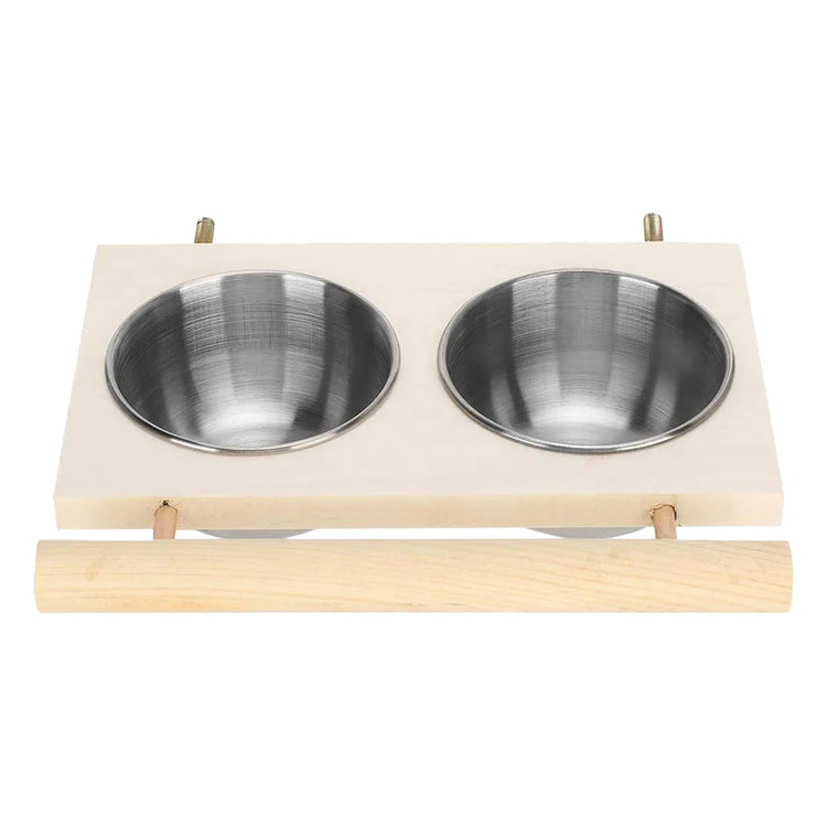 Bird Feeder | Stainless Steel Pet Parrot Feeding Bowl with Wooden Stand | Double Bowl Bird Feeding & Watering Supplies