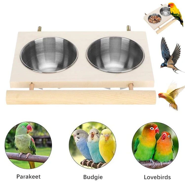 Bird Feeder | Stainless Steel Pet Parrot Feeding Bowl with Wooden Stand | Double Bowl Bird Feeding & Watering Supplies