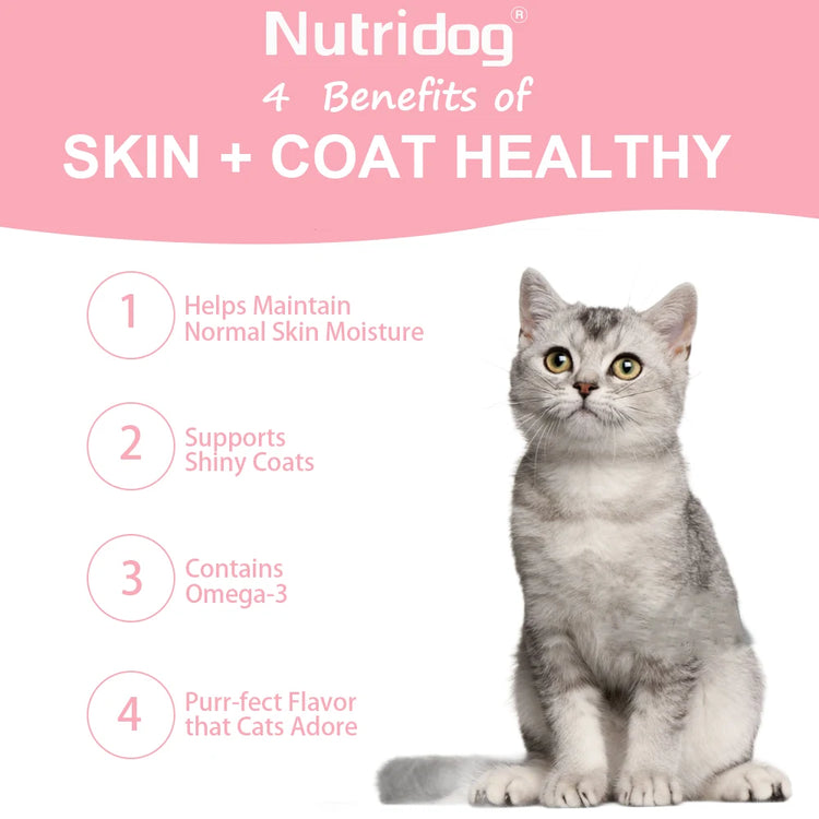 Skin & Coat Cat Chews | Omega 3, Vitamin E, Biotin Supplements | Healthy Skin & Glossy Coat | Anti-Shedding Support | Salmon Flavor