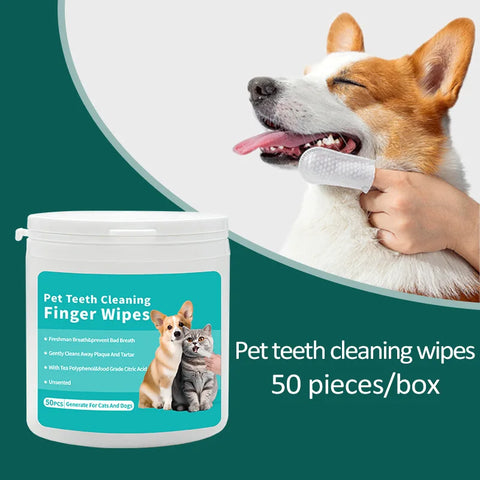 Dog & Cat Teeth Cleaning Finger Wipes – 50pcs | Disposable Dental Care Wipes for Pets