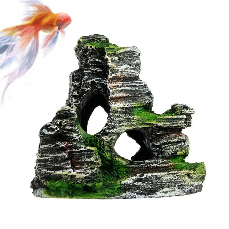 Aquarium Sandstone Decoration – Mountain View Resin Rocks with Caves, Fish & Shrimp Shelter, 11cm