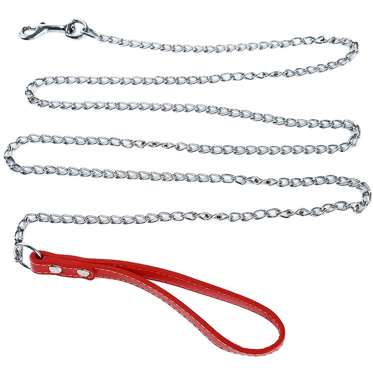 Durable Anti-Bite Metal Dog Chain Leash with PU Leather Handle – 180cm