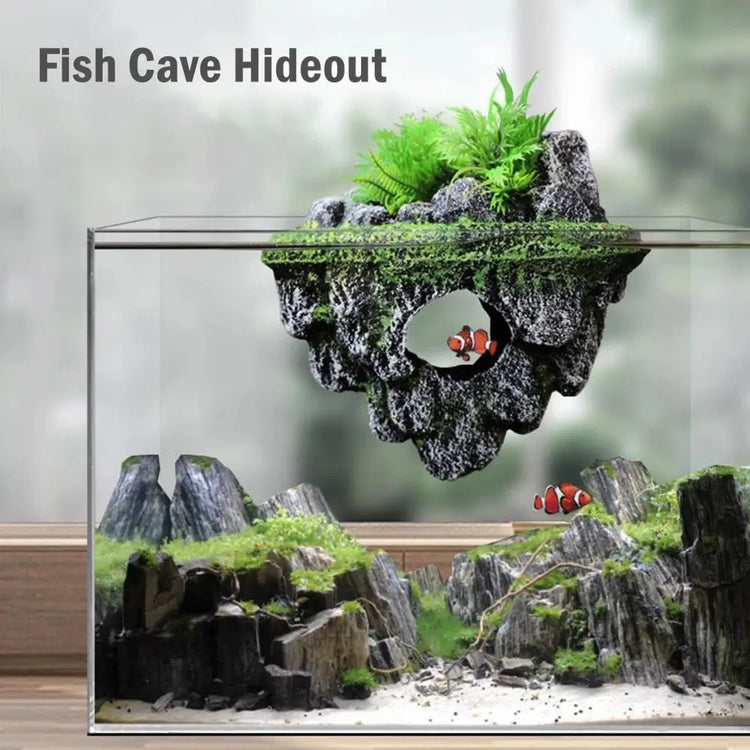 Fish Tank Artificial Stone Decoration – Miniature Floating Moss Rock with Cave Hideout for Aquarium Landscaping