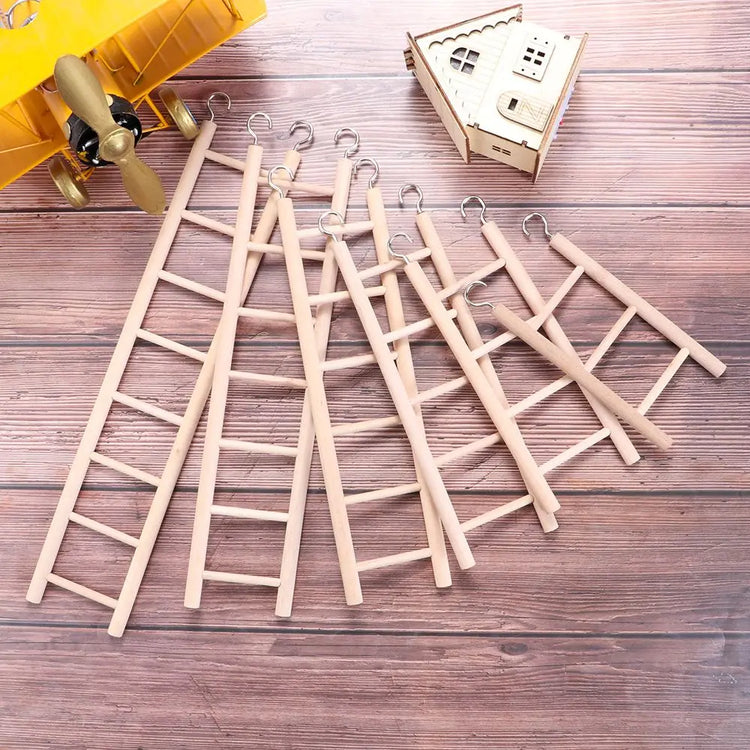 Wooden Bird Climbing Ladder Toy | DIY Parrot Cage Accessory with Hooks | Natural Wood Play Ladder for Birds & Hamsters