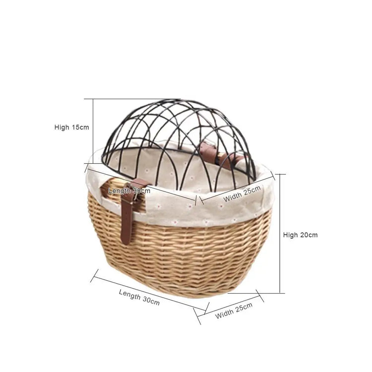 Wicker Pet Carrier | Front Bike Basket with Wire Mesh Cover - Small Dogs/Cats