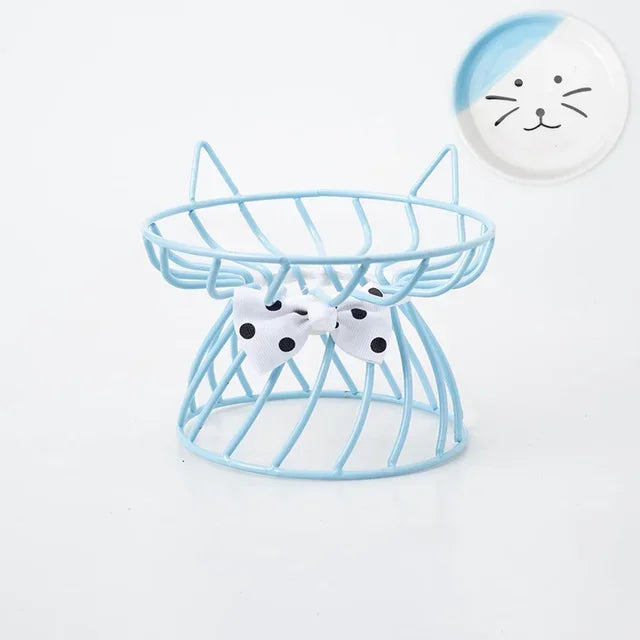 Ceramic Cat Food Bowl | High Foot Raised Pet Bowl | Cat Dog Feeding Dish | Cervical Spine Care | Outdoor Ceramic Bowl with Iron Stand | Anti-Tip Pet Feeder