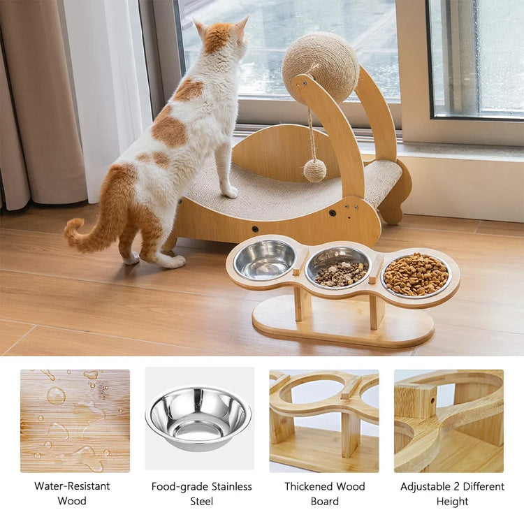 Elevated Cat Dog Bowls | 15° Tilted Raised Pet Bowls | Double Wooden Stand | Stainless Steel Food & Water Bowls | For Cats & Small Dogs | Pet Supplies