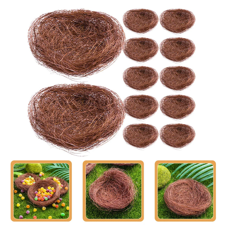 12 Pcs Mini Artificial Bird Nests | Decorative Coffee Thread Nest for Garden, Cages, Weddings, Crafts & Easter Decor