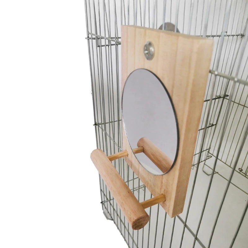 Bird Mirror Toy with Perch | Hanging Parrot Wooden Perch Stand Toys | Easy Install Bird Cage Accessories for Cockatiels Conures