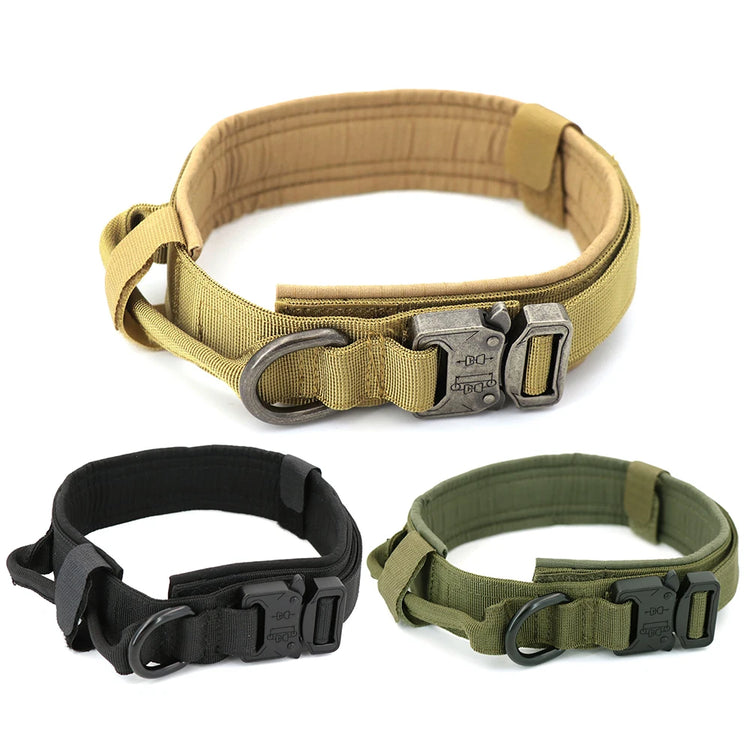Durable Tactical Dog Collar With Padded Lining, Quick Release Buckle & Control Handle For Small To Large Dogs