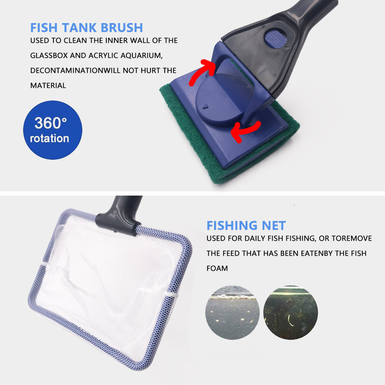 5-in-1 Aquarium Cleaning Tool Set – Fish Net, Gravel Rake, Algae Scraper, Sponge Brush & Plant Fork