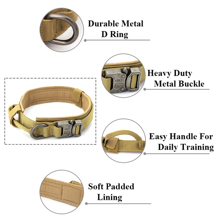 Durable Tactical Dog Collar With Padded Lining, Quick Release Buckle & Control Handle For Small To Large Dogs