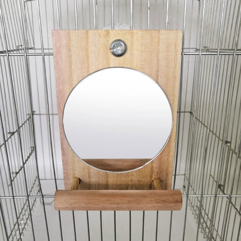 Bird Mirror Toy with Perch | Hanging Parrot Wooden Perch Stand Toys | Easy Install Bird Cage Accessories for Cockatiels Conures