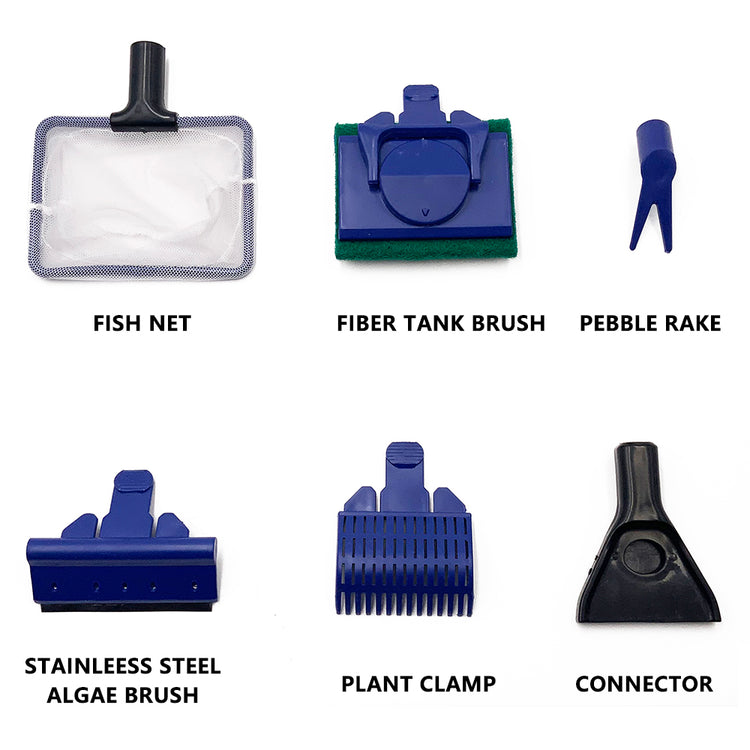 5-in-1 Aquarium Cleaning Tool Set – Fish Net, Gravel Rake, Algae Scraper, Sponge Brush & Plant Fork