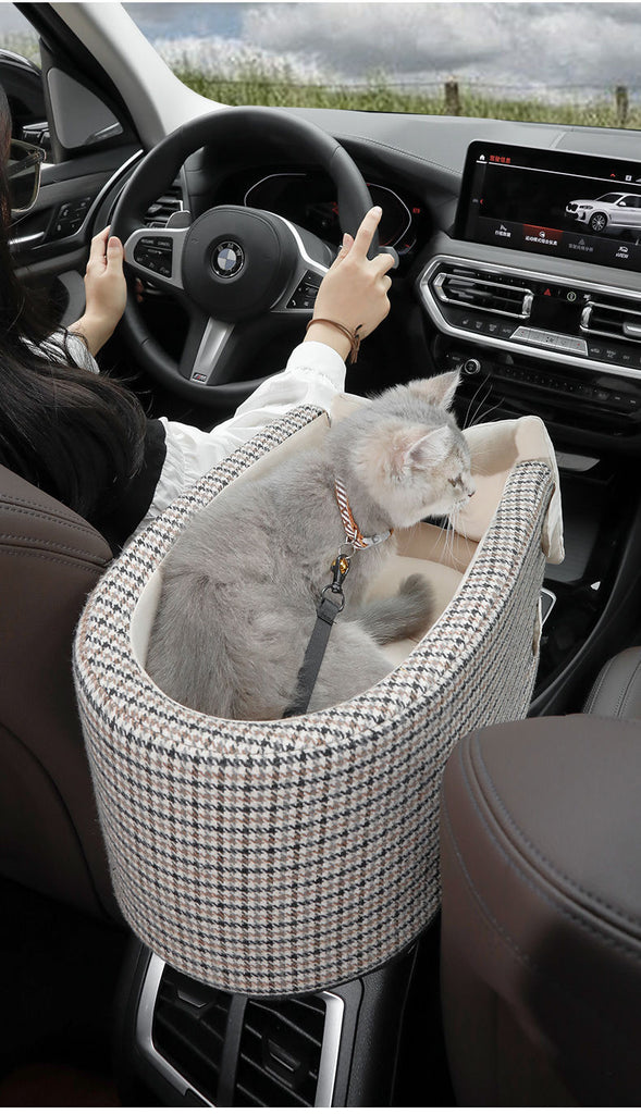 Central Console Dog Car Seat Bed – Portable Pet Carrier for Small Dogs & Cats, Travel Safety Seat
