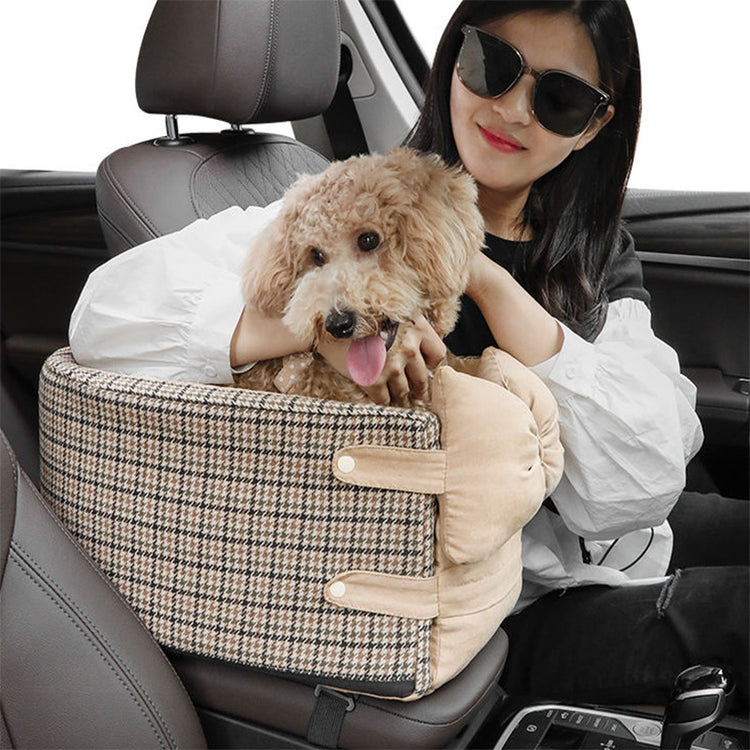 Central Console Dog Car Seat Bed – Portable Pet Carrier for Small Dogs & Cats, Travel Safety Seat