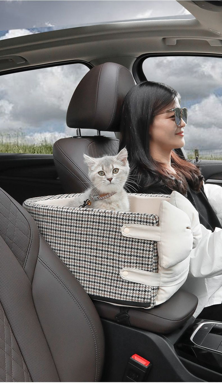 Central Console Dog Car Seat Bed – Portable Pet Carrier for Small Dogs & Cats, Travel Safety Seat