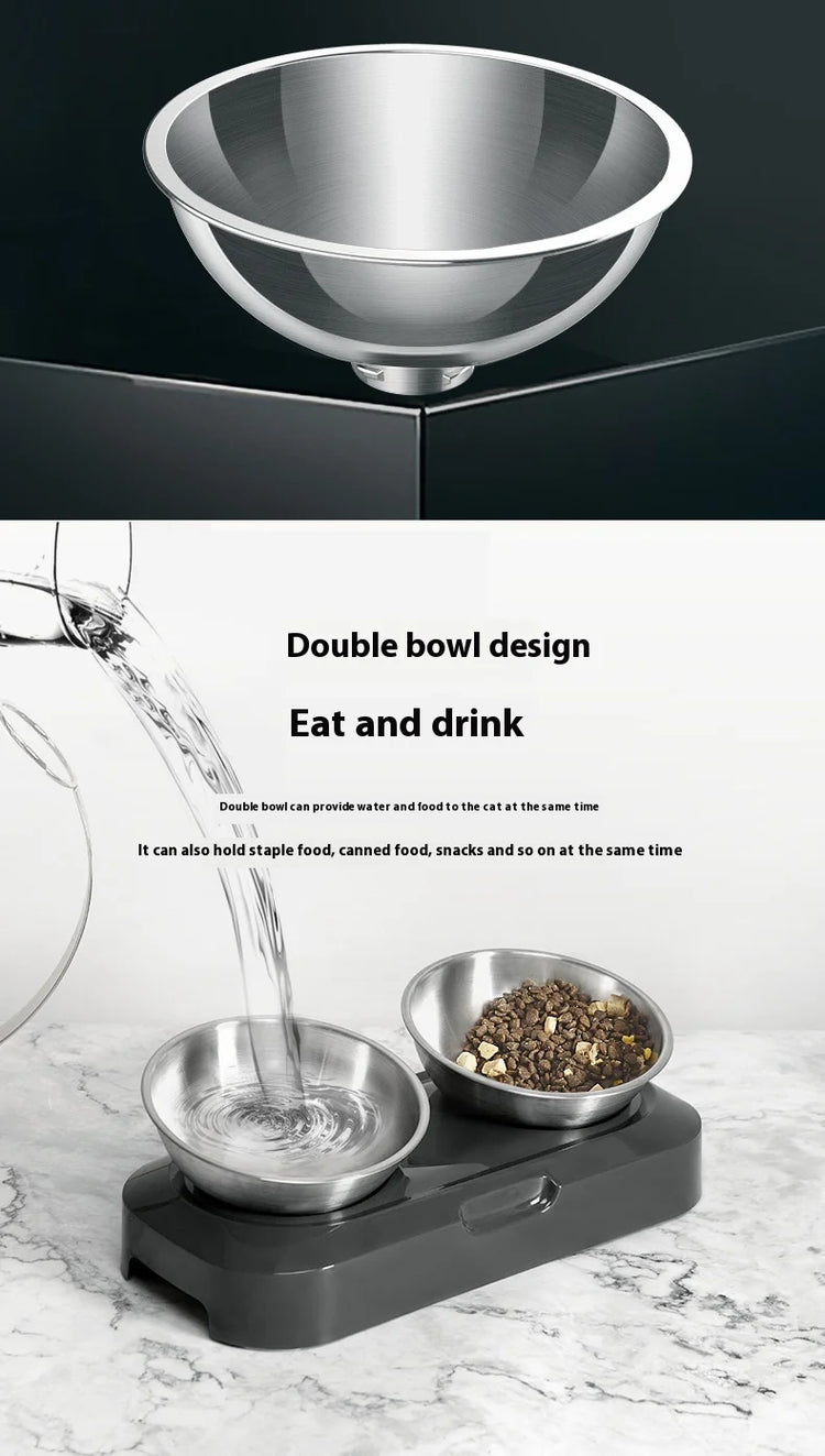 Cat Bowl | Lovely Creative Inclined Feeder | Kitten Puppy Food Bowl | Stainless Steel Pet Dish | 15° Tilt Neck Protector | Anti-Slip Dog Cat Feeder