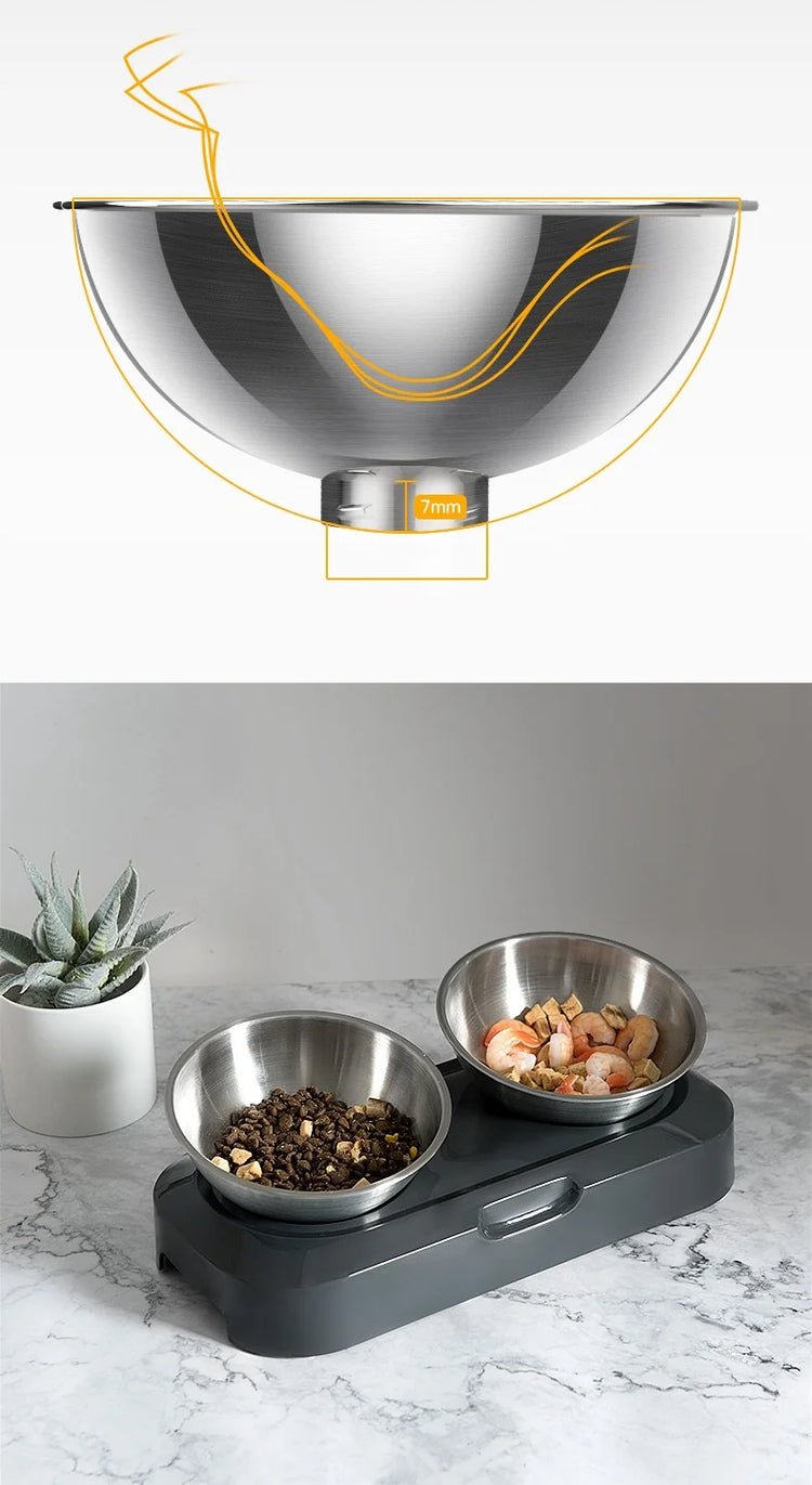 Cat Bowl | Lovely Creative Inclined Feeder | Kitten Puppy Food Bowl | Stainless Steel Pet Dish | 15° Tilt Neck Protector | Anti-Slip Dog Cat Feeder