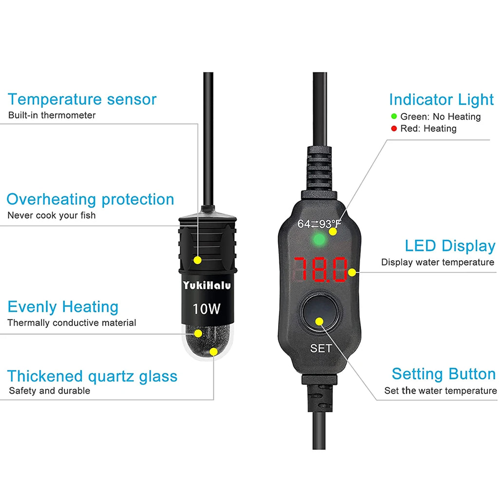 USB 10W Mini Aquarium Heater – Digital Display, Adjustable Temperature, for 1–5L Fish Tanks